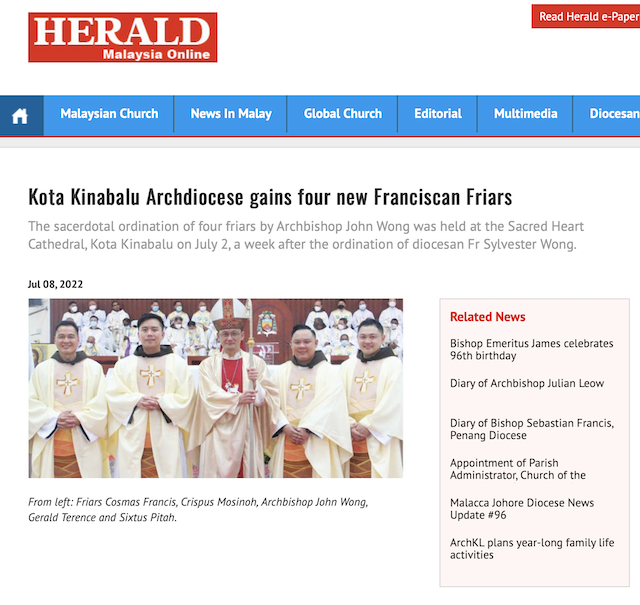 Kota Kinabalu Archdiocese gains four new Franciscan Friars – Herald Malaysia