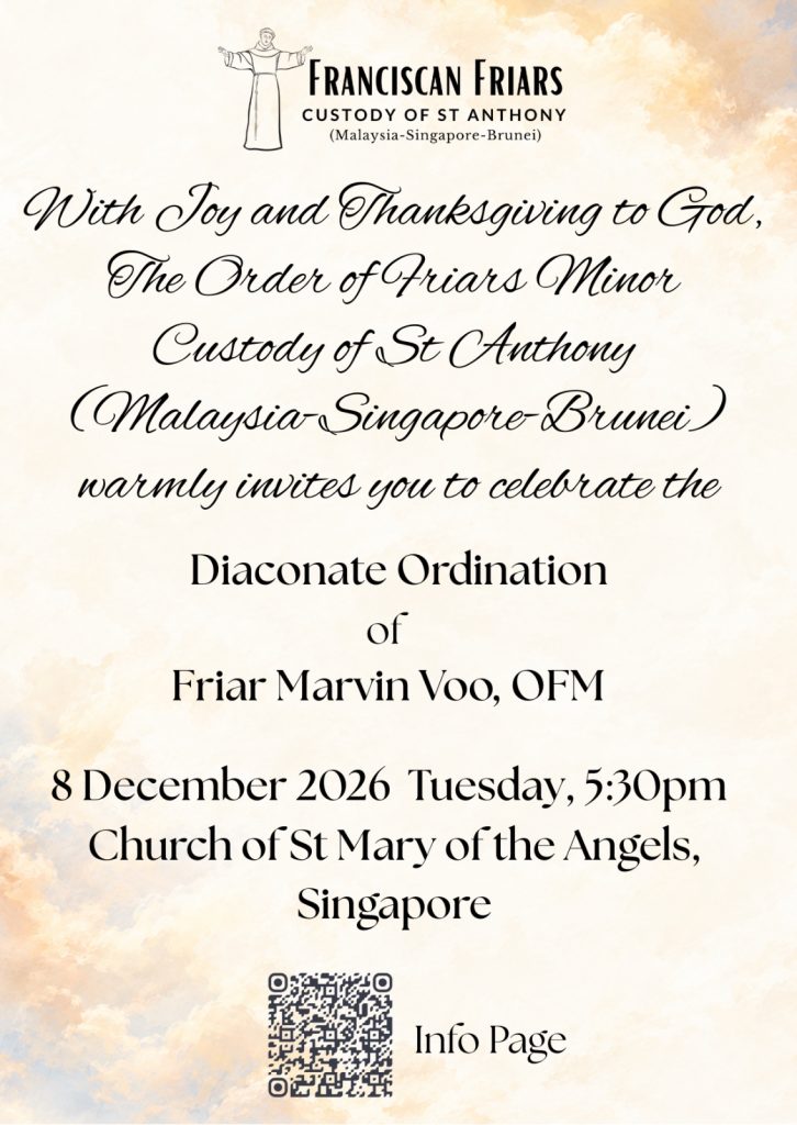 Invitation to the diaconate ordination of Friar Marvin Voo OFM on 8 December 2026 at the Church of St Mary of the Angels, Singapore.